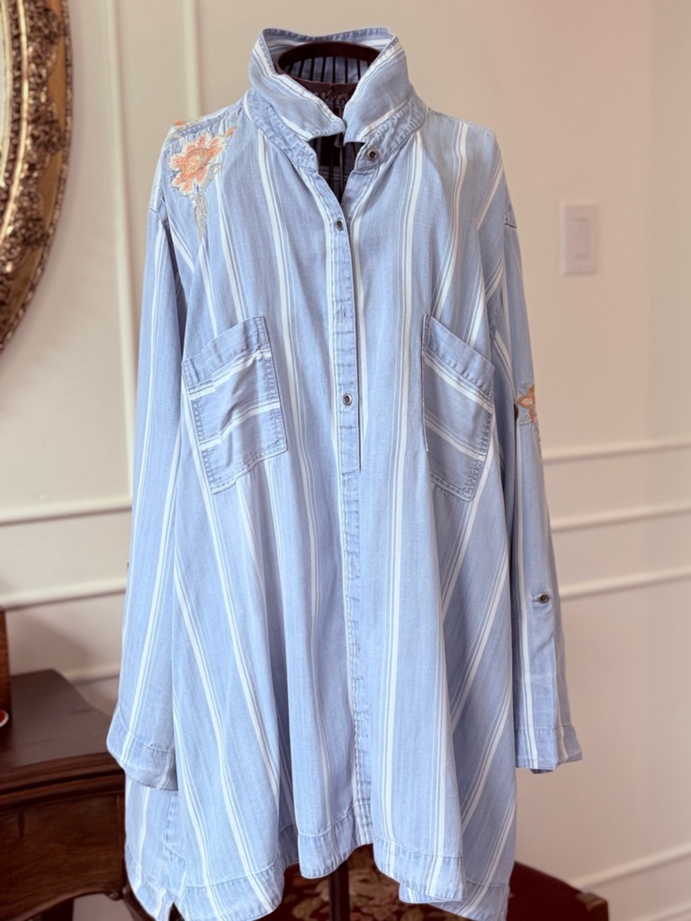 Ali Miles Light Blue Striped Button-Up Tunic with Floral Embroidery